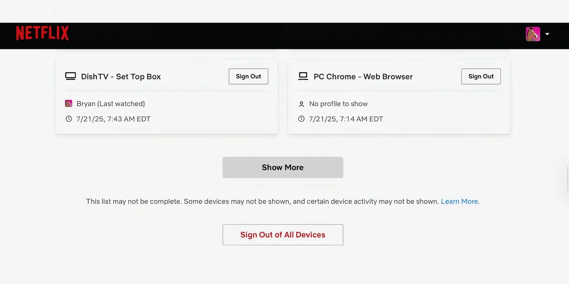 Tùy chọn &quot;Sign out of all devices&quot; (Đăng xuất khỏi tất cả thiết bị) trong cài đặt Netflix giúp bảo vệ tài khoản khi bị hack.