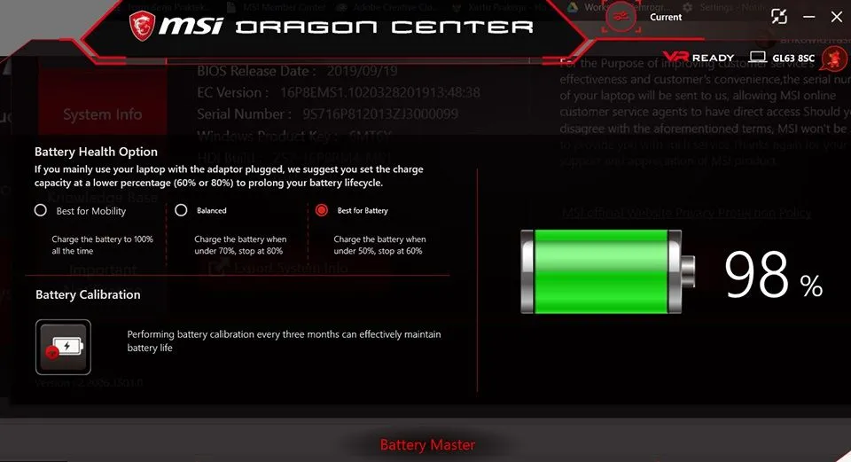 Tùy chọn Sức khỏe Pin (Battery Health Option) trong ứng dụng MSI Dragon Center.
