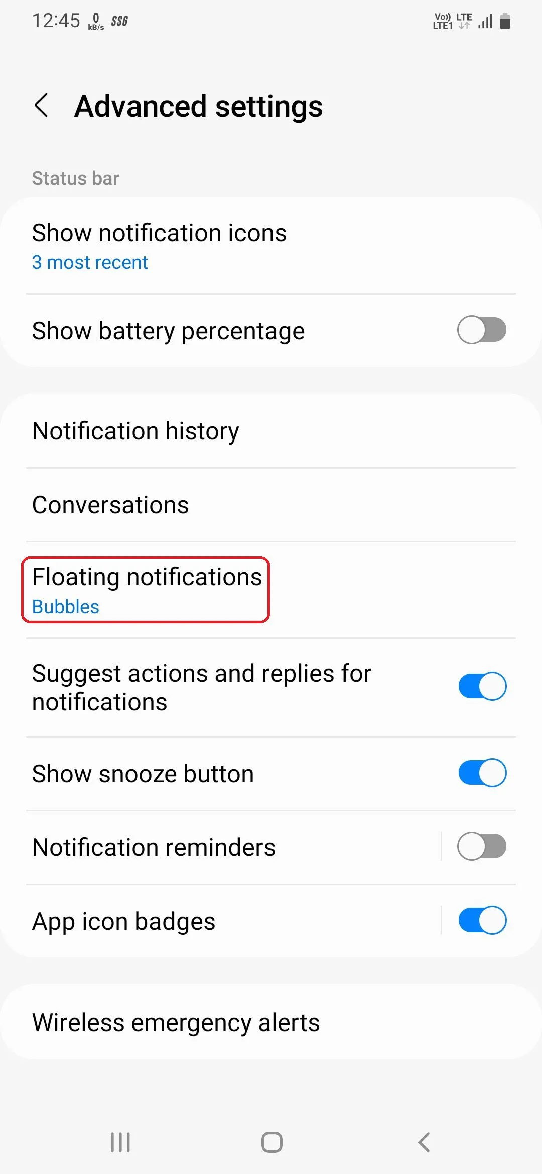 Tùy chọn 'Thông báo nổi' trong cài đặt thông báo nâng cao của Samsung One UI