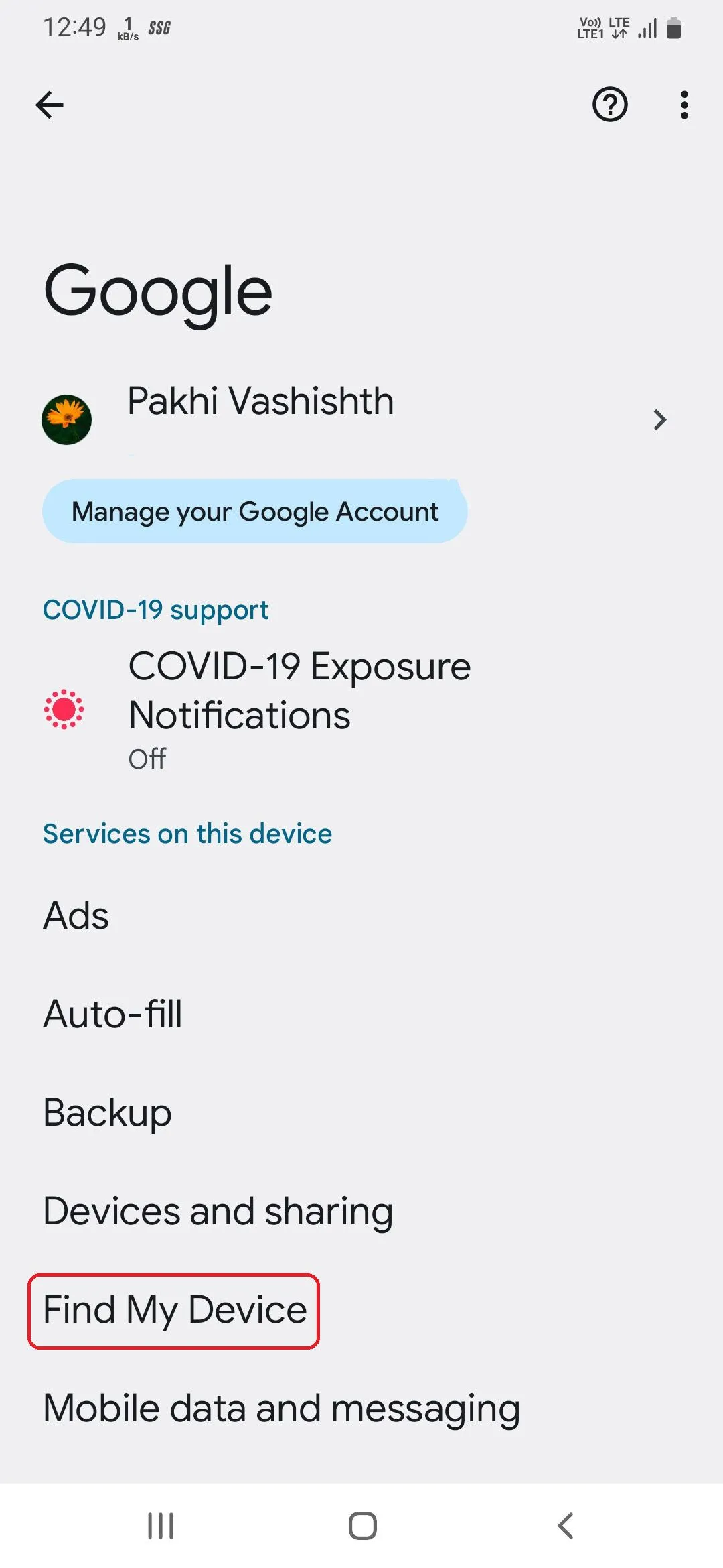 Tùy chọn 'Tìm thiết bị của tôi' trong cài đặt Google trên điện thoại Samsung