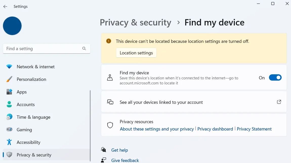 Tùy chọn Tìm thiết bị của tôi trong ứng dụng cài đặt Windows 11