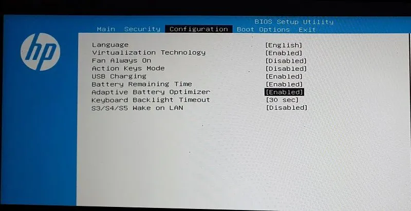 Tùy chọn Tối ưu hóa Pin Thích ứng (Adaptive Battery Optimizer) trong cài đặt BIOS của laptop HP.