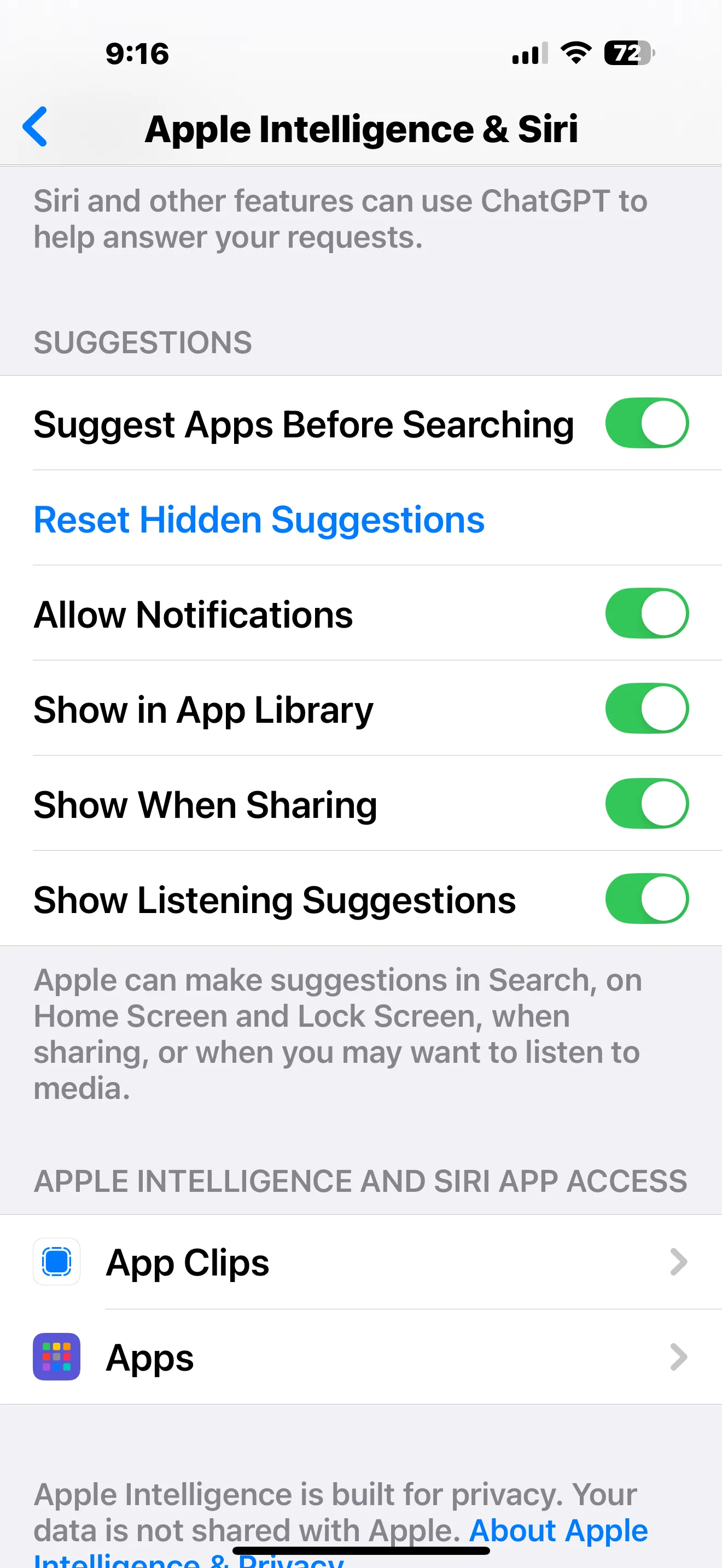 Tùy chọn truy cập ứng dụng trong cài đặt Apple Intelligence, cho phép người dùng kiểm soát quyền truy cập của AI