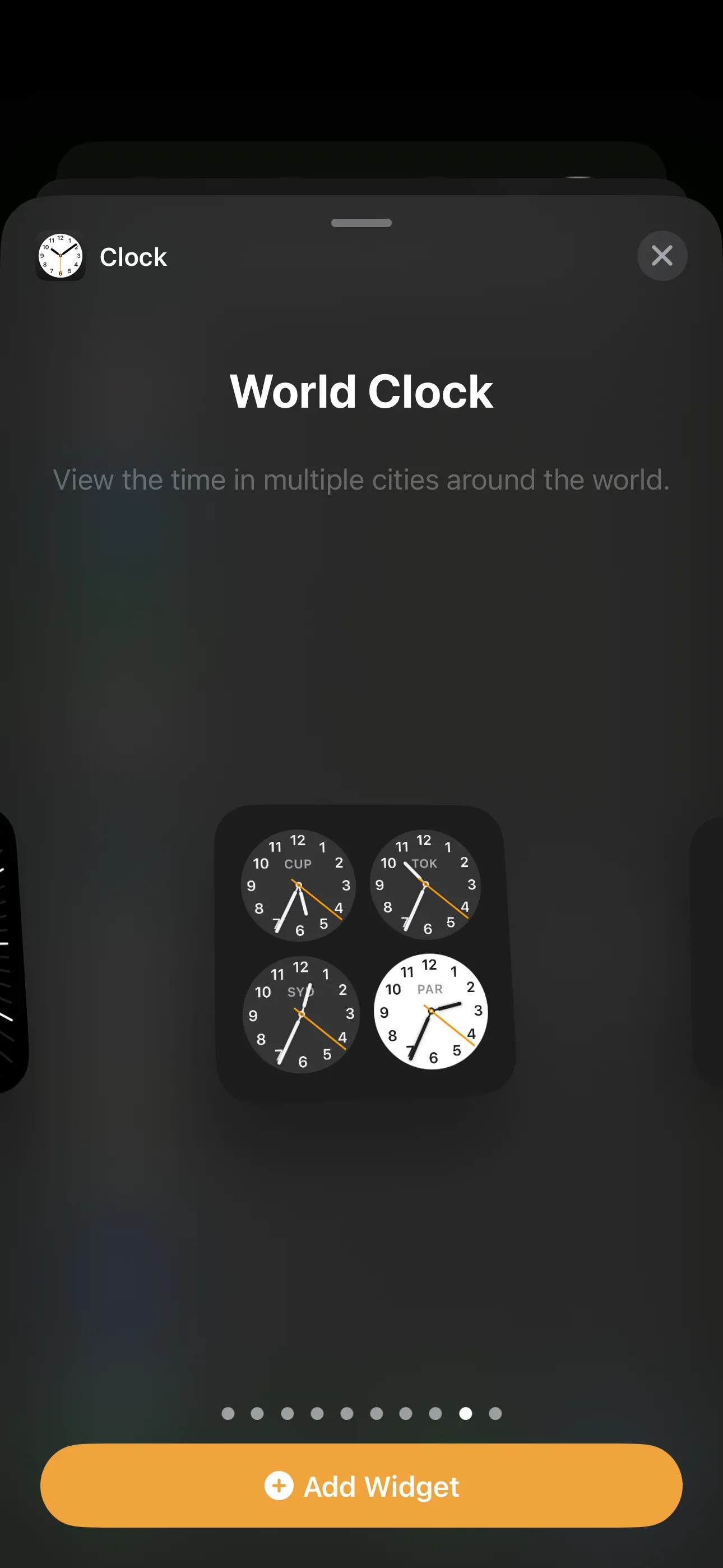 Tùy chọn widget Đồng hồ Thế giới hình vuông trên màn hình thêm widget của iPhone.