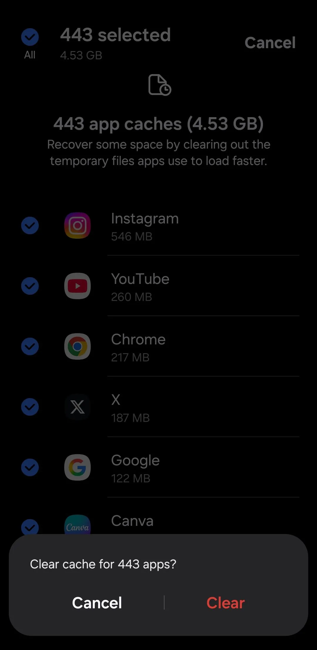 Tùy chọn xóa tất cả bộ nhớ đệm ứng dụng trên điện thoại Samsung One UI