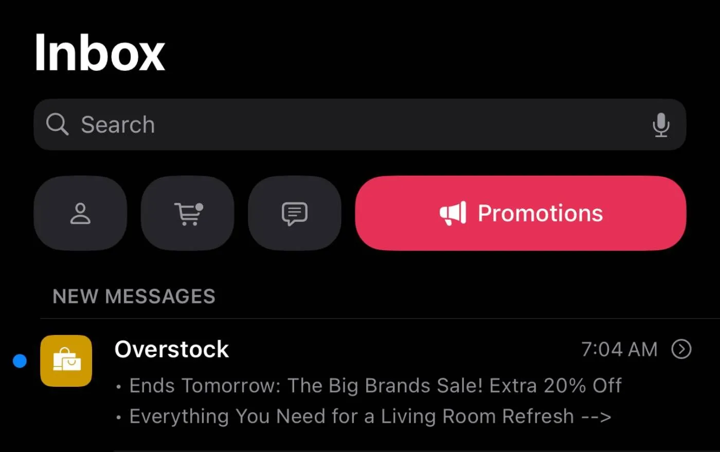 Ứng dụng Apple Mail với các danh mục email tự động như 'Promotions' trên iOS 18.2, hiển thị email từ Overstock
