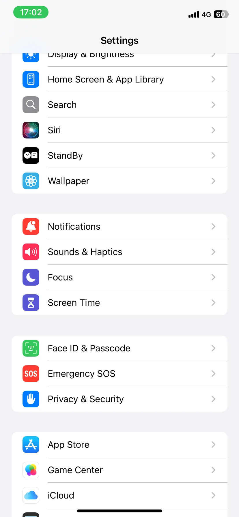 Ứng dụng Cài đặt iPhone hiển thị tùy chọn Thông báo ở giữa màn hình