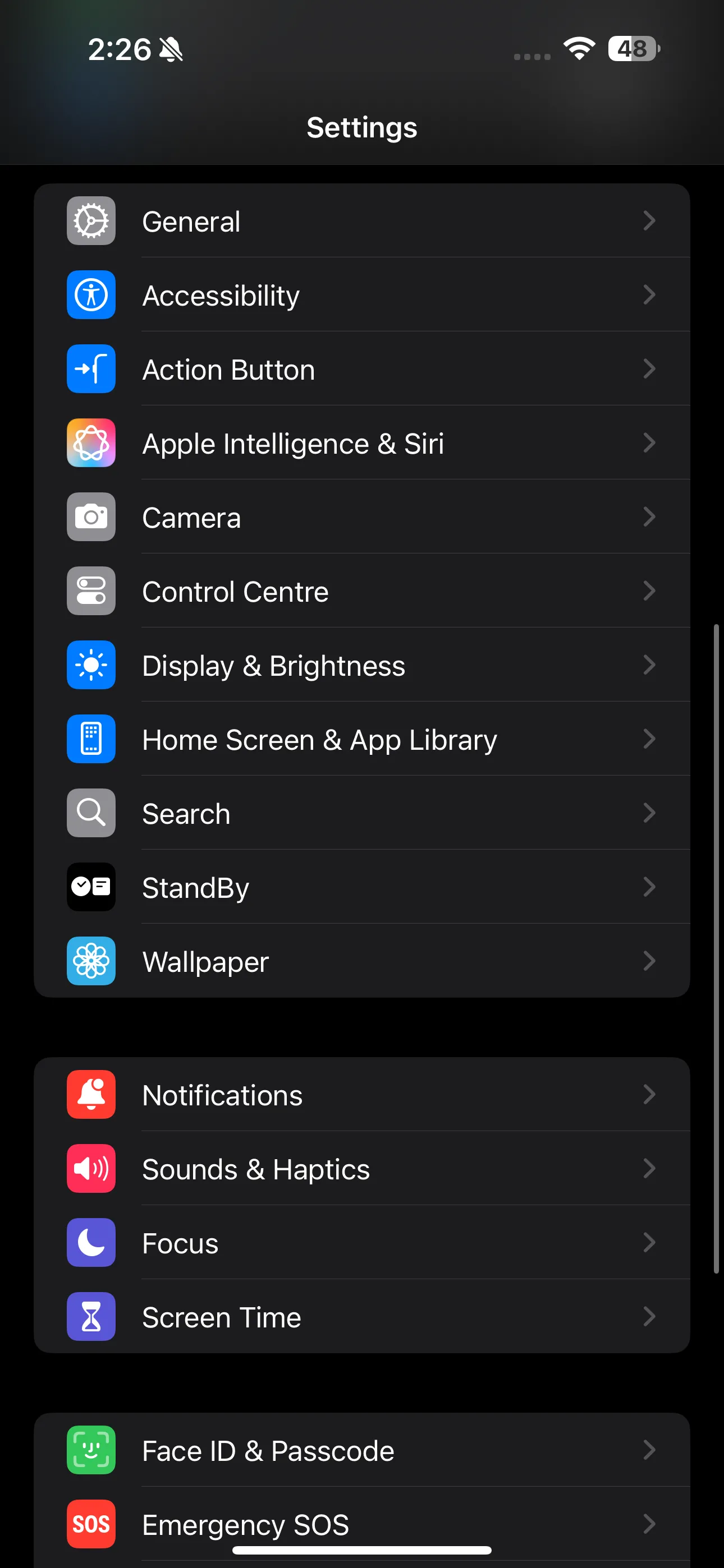 Ứng dụng Cài đặt trên iPhone, minh họa đường dẫn đến mục Downtime trong Screen Time.