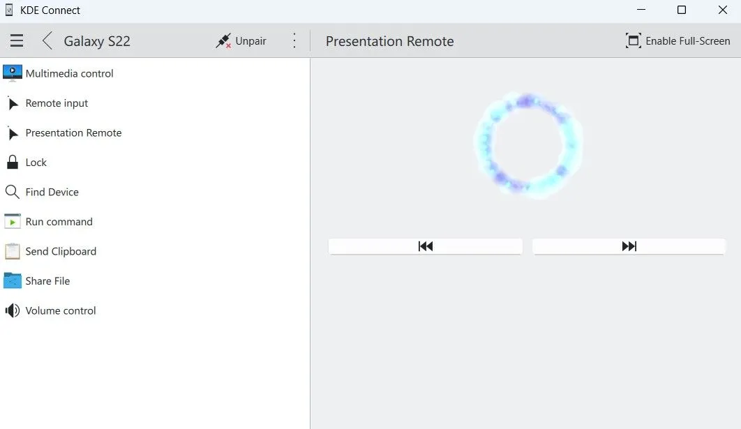 Ứng dụng KDE Connect trên Windows hiển thị chế độ điều khiển trình chiếu, bao gồm con trỏ laser ảo.