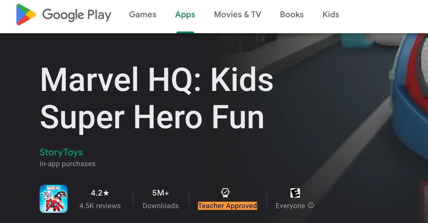 Ứng dụng Marvel HQ trên Google Play Store dành cho trẻ em có dấu hiệu Teacher Approved