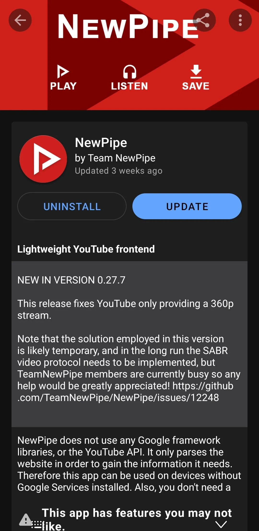 Ứng dụng NewPipe được hiển thị trong F-Droid trên điện thoại Android, minh họa một trong nhiều ứng dụng mã nguồn mở có sẵn.