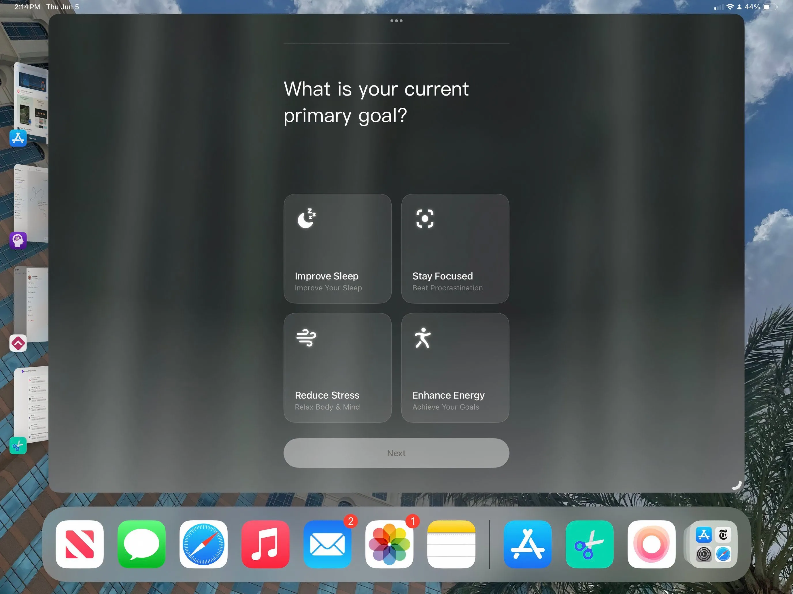 Ứng dụng TIDE trên iPad với giao diện thiền định và âm thanh tự nhiên giúp thư giãn và tập trung