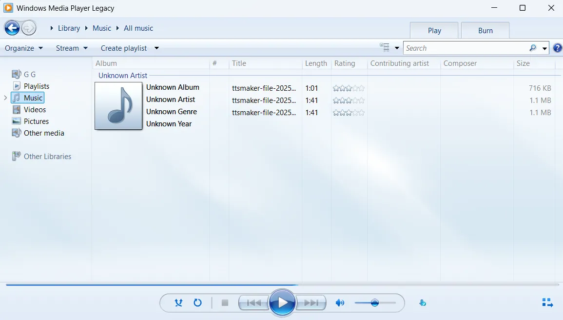 Ứng dụng Windows Media Player Legacy trên Windows 11, thể hiện giao diện cổ điển để phát nhạc và video, hỗ trợ nhiều định dạng cũ.