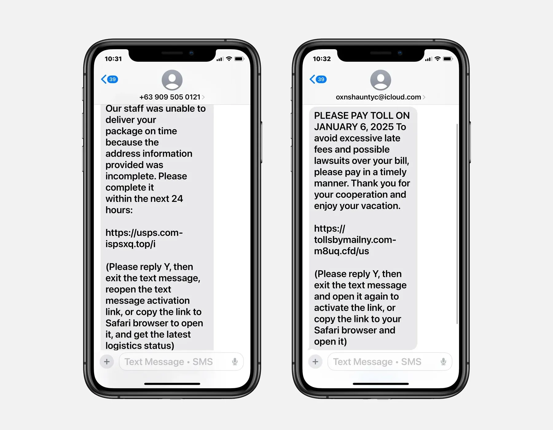 Ví dụ tin nhắn smishing lừa đảo người dùng iMessage giả mạo dịch vụ giao hàng và phí cầu đường