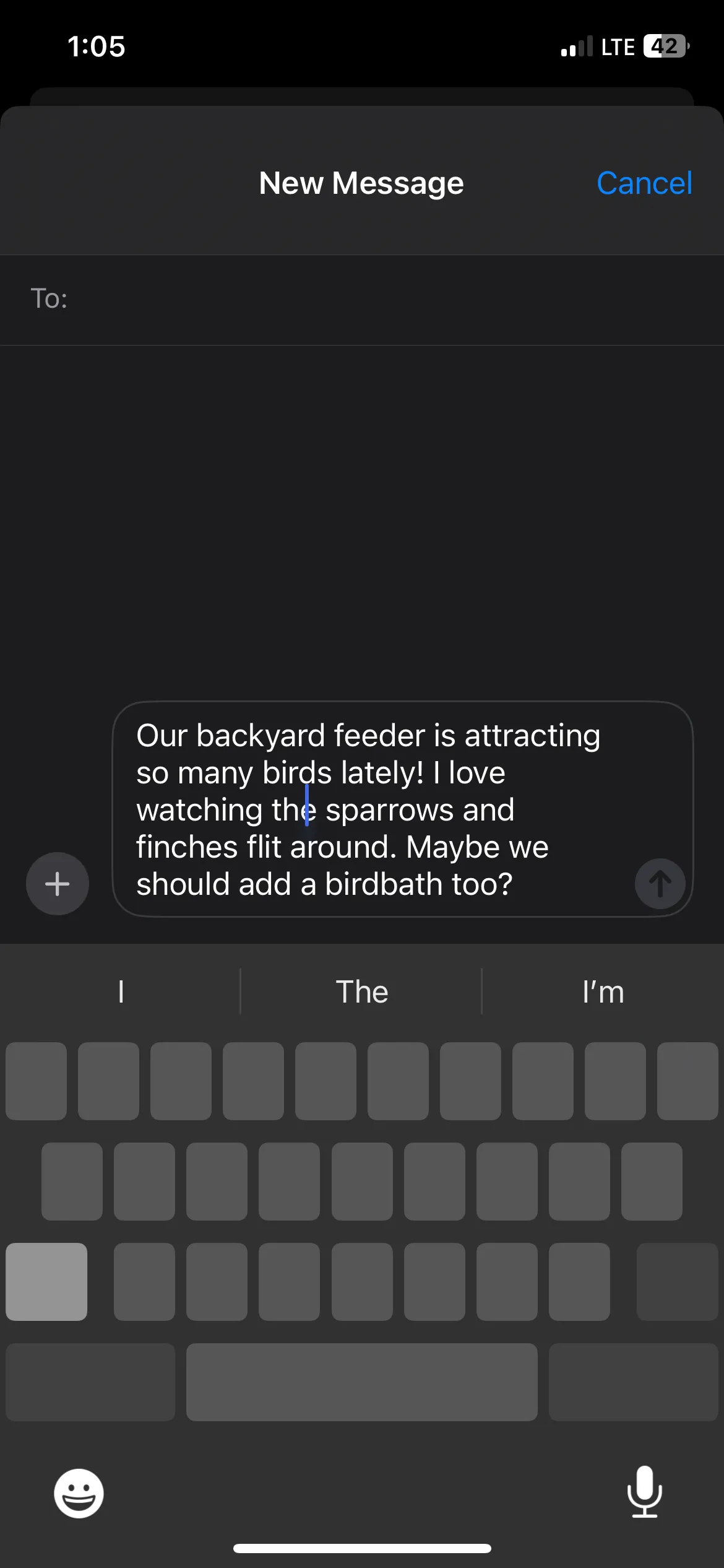 Ví dụ tin nhắn với chế độ bàn di chuột được kích hoạt trên bàn phím iPhone