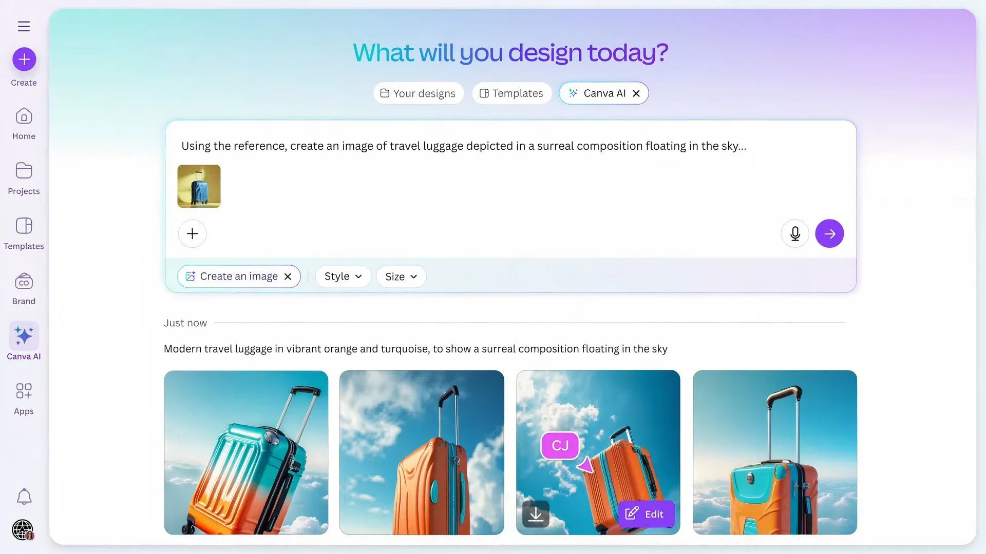 Ví dụ trên màn hình về tính năng Create an Image mới của Canva