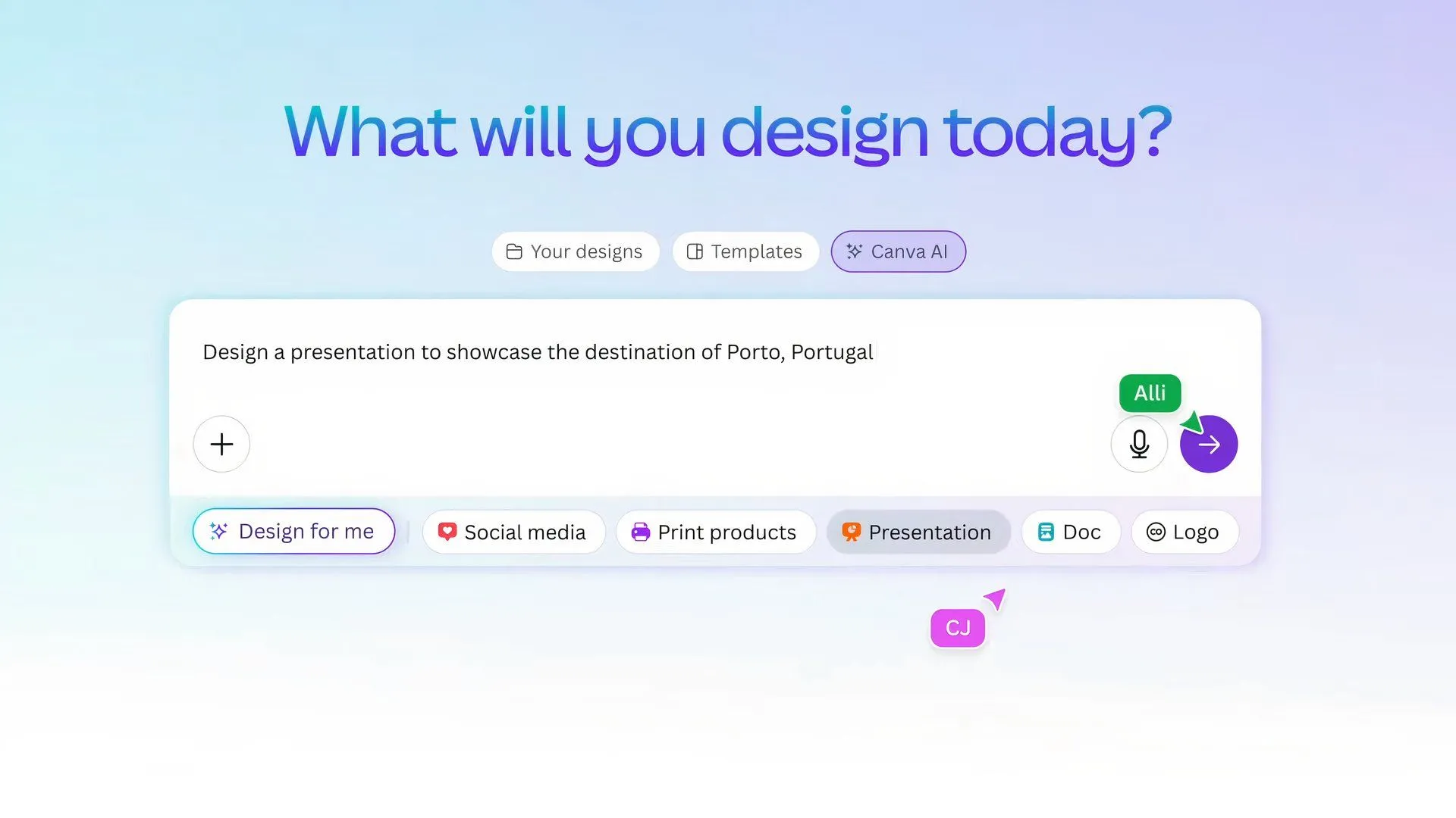 Ví dụ trên màn hình về tính năng Design for Me mới của Canva