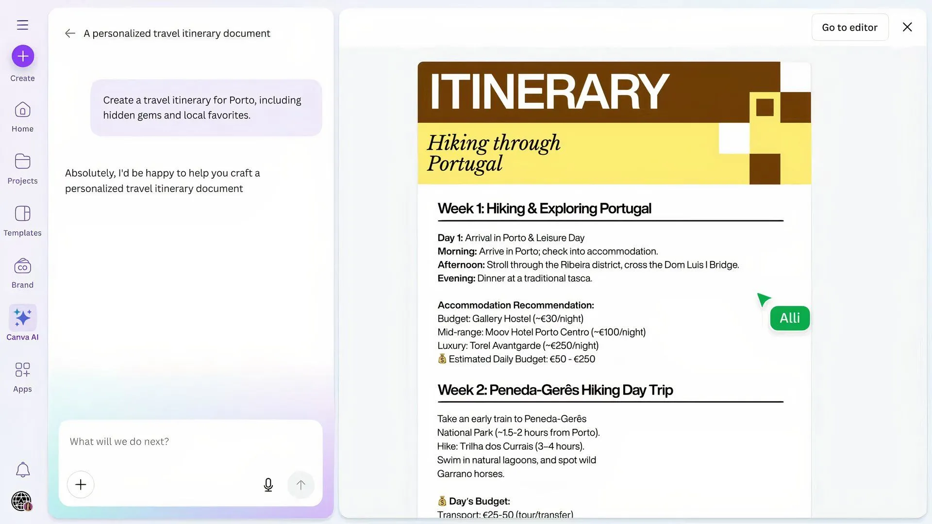 Ví dụ trên màn hình về tính năng Draft a Doc mới của Canva