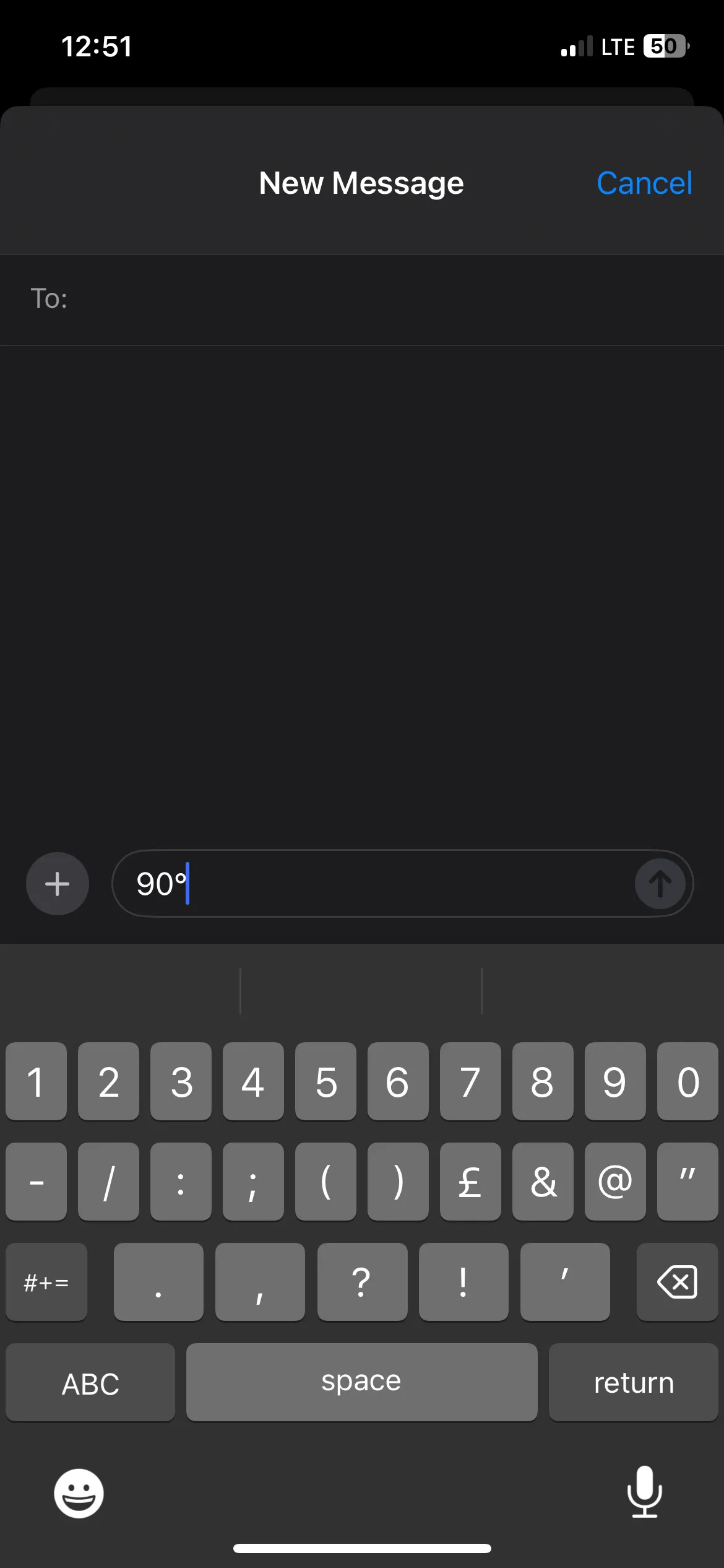 Ví dụ văn bản &quot;90 độ&quot; được gõ trong ứng dụng Tin nhắn trên iPhone