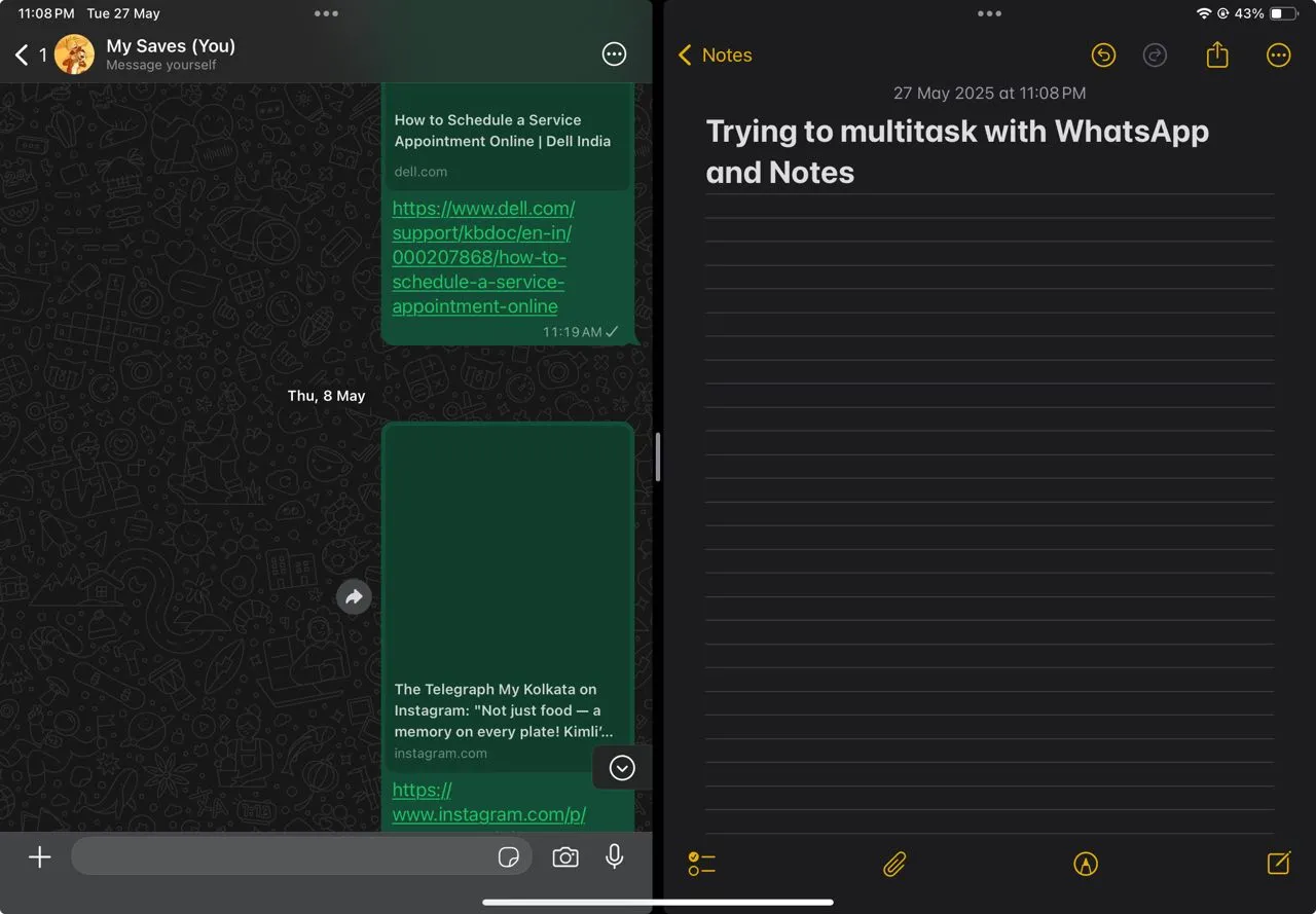 WhatsApp trên iPad hoạt động với tính năng Split View, hiển thị đa nhiệm